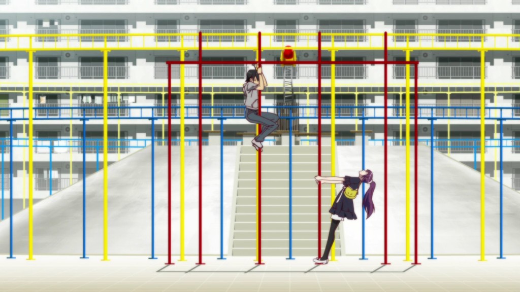 Koyomi Araragi and Hitagi Senjougahara in BAKEMONOGATARI.