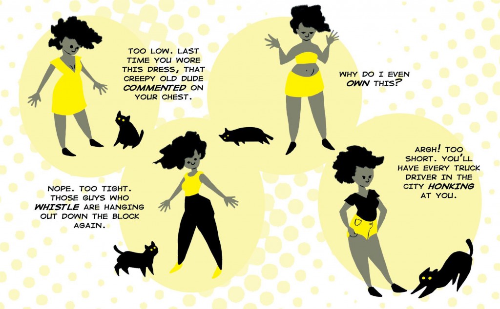 In this detail from the comic, Yellow goes through the decision-making process many women go through daily.