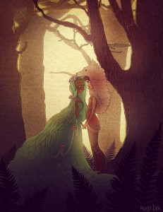 The influence of shoujo comics and fairy tales on Maya Kern's style is recognizable in her depiction of the Girl, focusing on a swamp princess and her girlfriend.