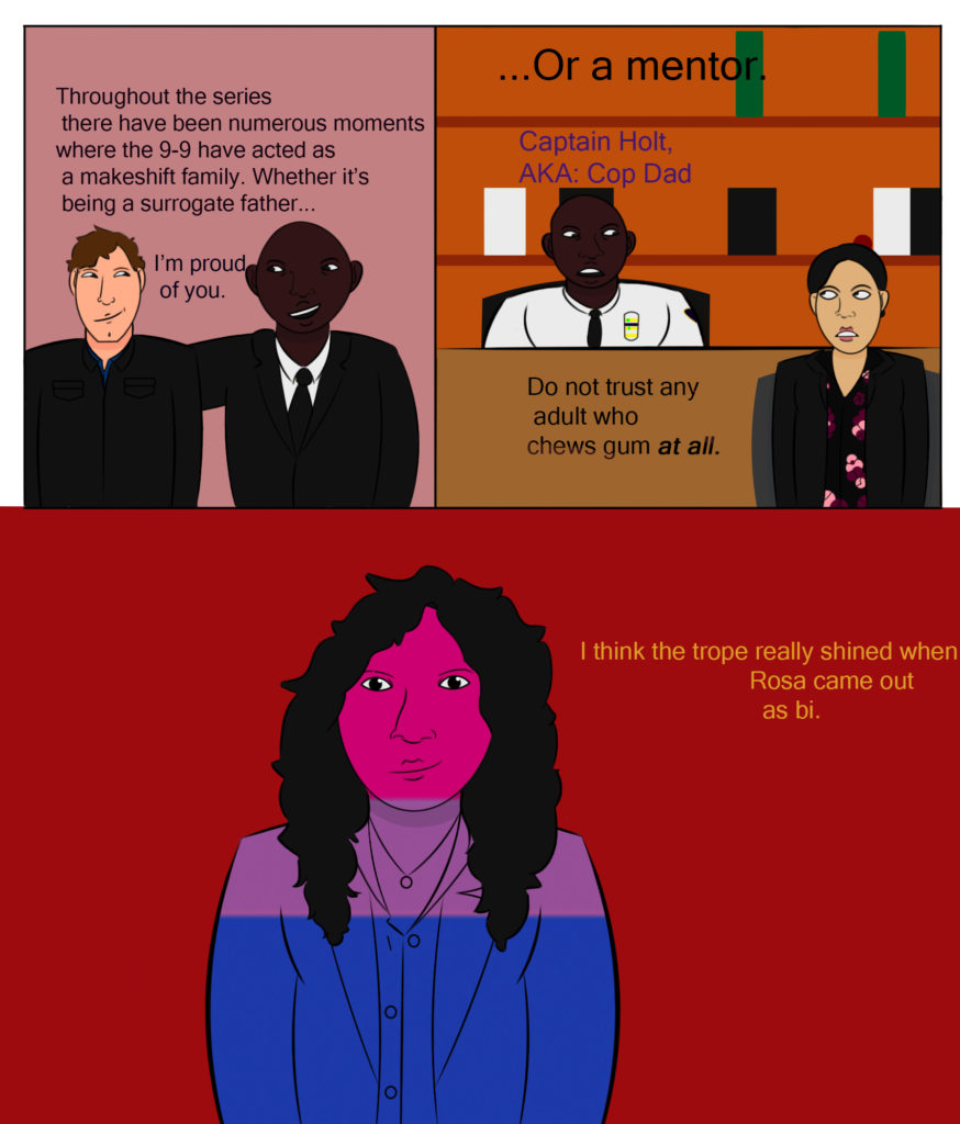 <img src="In the first panel, Captain Holt gives Jake an encouraging pat on the back. In the second panel, Holt sits at his desk while giving advice to Amy. In the third panel, Rosa stands in the middle of the panel. She is covered with the colors of the bi flag." alt="Throughout the series there have been numerous moments where the 9-9 have acted as a makeshift family. Whether it's being a surrogate father...Captain Holt says "I'm proud of you." ...Or a mentor. Captain Holt says "Do not trust any adult who chews gum at all. A caption reads "Captain Holt, AKA: Cop Dad. I think the trope really shined when Rosa came out as bi." / >