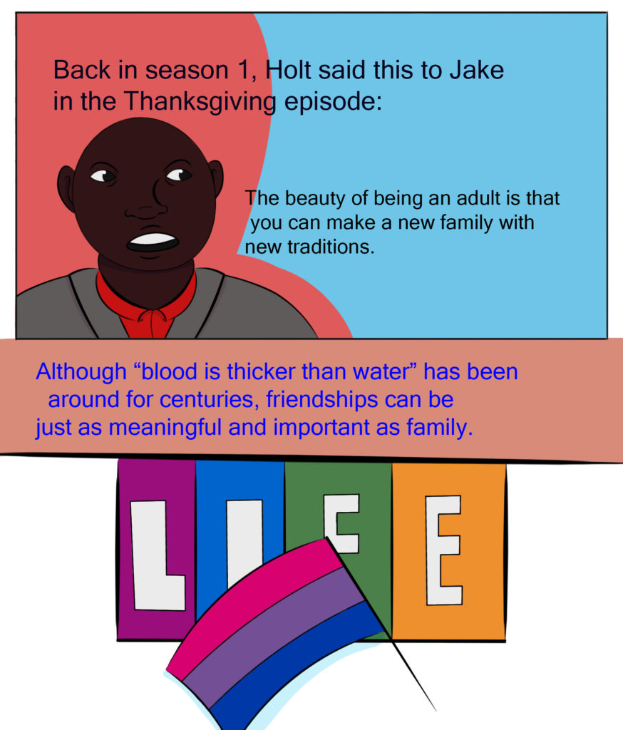 <img src="In the first panel, Holt is talking. In the second panel, a Life game box sits on a table. A bi flag rests on the box." alt="Back in season 1, Holt said this to Jake in the Thanksgiving episode: Holt says "The beauty of being an adult is that you can make a new family with new traditions." Although "blood is thicker than water" has been around for centuries, friendships can be just as meaningful and important as family." / >