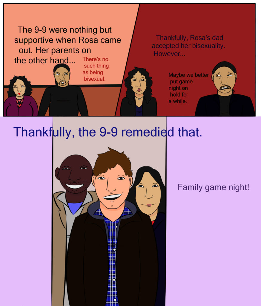 <img src="In the first panel, Rosa's parents are sitting down. In the next panel, Rosa's dad is talking to her. In the third panel, Jake, Amy, and Terry Jeffords are happily standing outside a doorway." alt="The 9-9 were nothing but supportive when Rosa came out. Her parents on the other hand...Rosa's father says "There's no such things as being bisexual." Thankfully, Rosa's dad accepted her bisexuality. However...Rosa's dad says "Maybe we better put game night on hold for a while." Thankfully, the 9-9 remedied that. Jake says "Family game night!" / >